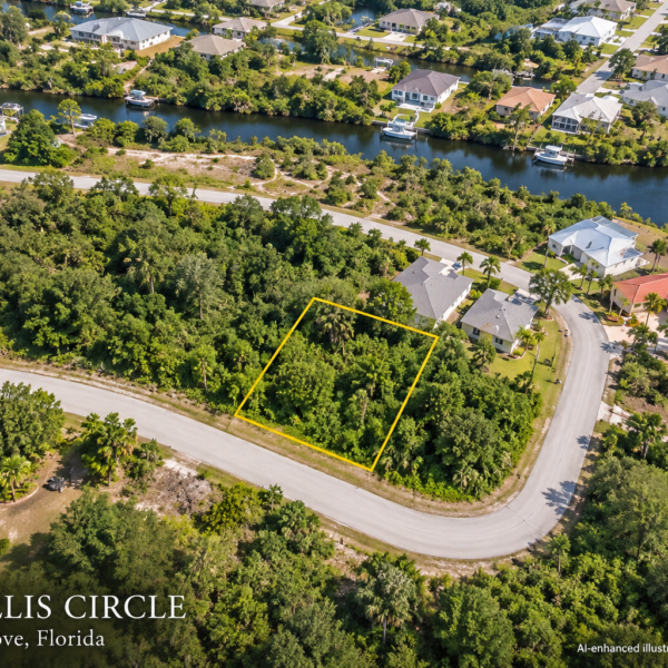 AI-enhanced illustration of Amaryllis Circle in South Gulf Cove, Florida, with an approximate yellow lot boundary